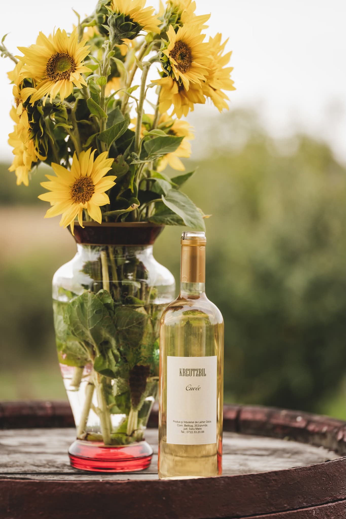 Floarea-soarelui și o sticlă de vin pe un butoi